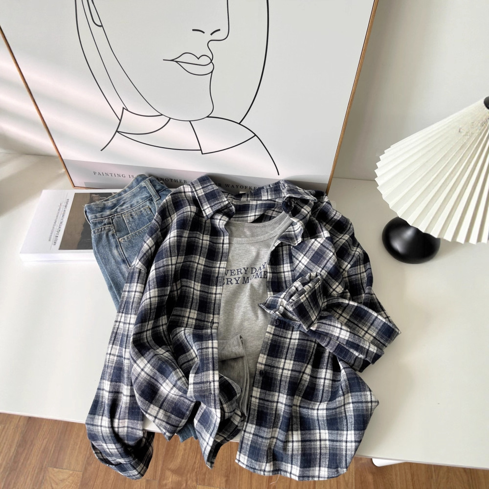 时尚休闲格子衬衫女25早秋新款宽松显瘦百搭背心两件套上衣 6217