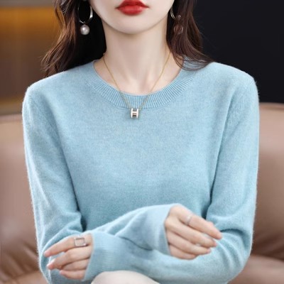 Suéter Básico de Lana Pura con Cuello Redondo para Mujer Talla Grande Lana Pura Suelto