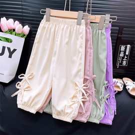 女童夏季裤子蝴蝶结长裤中小童灯笼裤小女孩儿童休闲纯色宽松防蚊