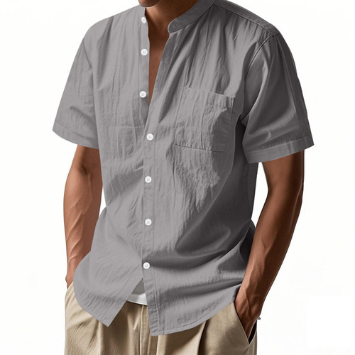 25 Amazon Cross-border European and American Style Men's Summer Loose Linen Cardigan Solid Color Casual Stand Collar Beach Short-sleeved Shirt