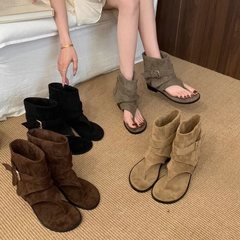 卡其色夹趾凉靴短靴女靴子2025新款百搭夏季配裙子西部靴夏天凉鞋