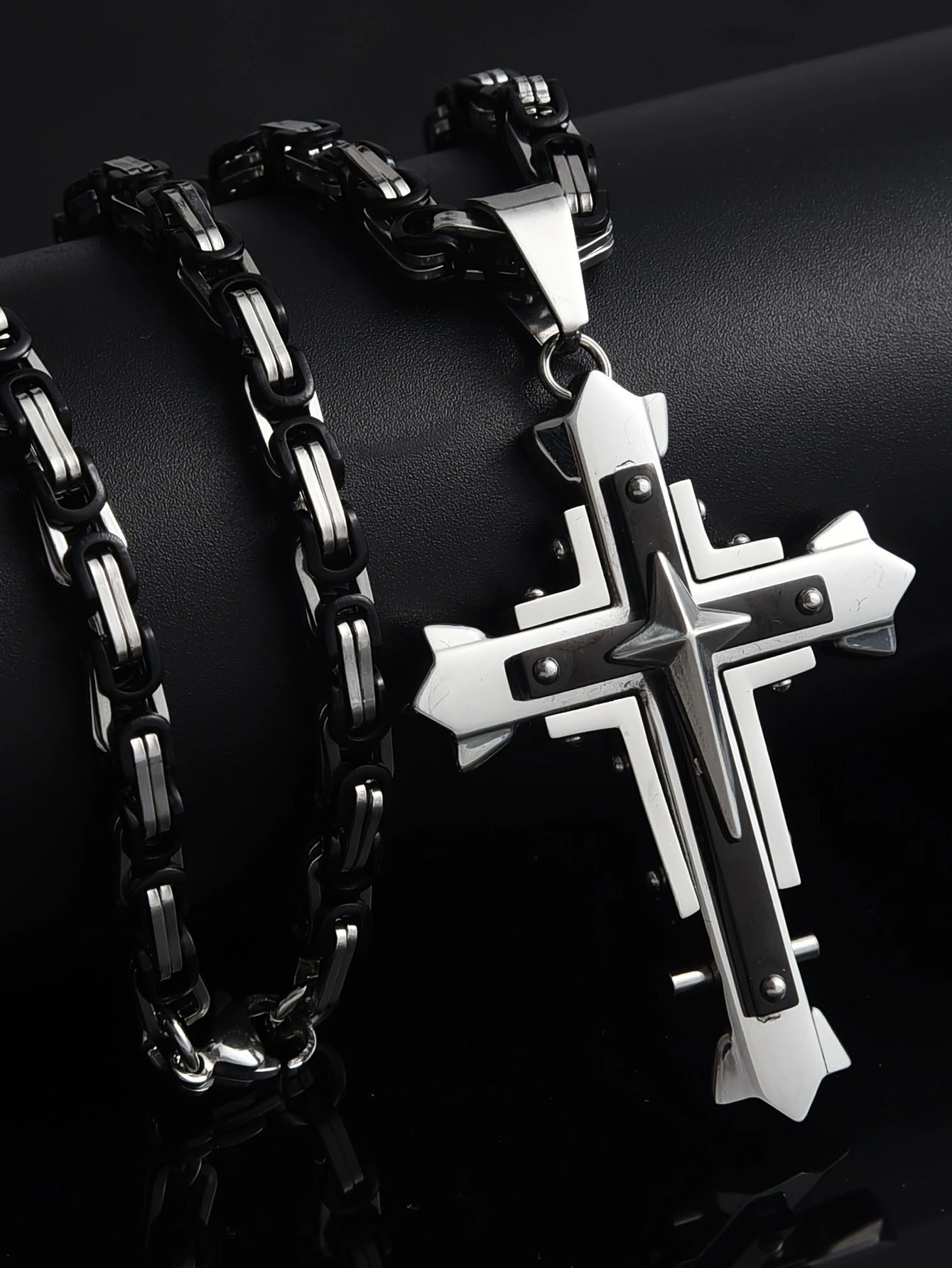 Stainless Steel Three-layer Cross Pendant Necklace For Men_voghion.com