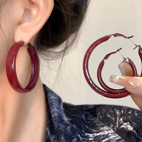 Ancora red plain hoop earrings, high-end exaggerated earrings, 925 silver needle earrings, Hong Kong style retro earrings for women
