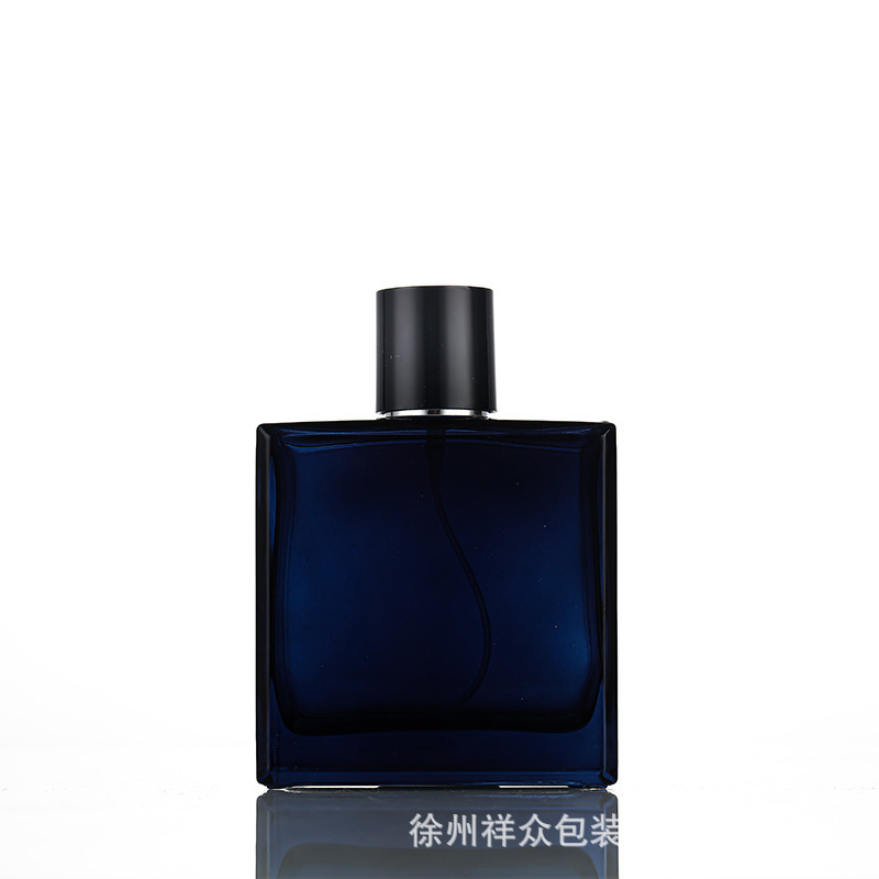 Botella de perfume de bayoneta de color de alta gama botella de vidrio de fondo grueso botella de vidrio de color degradado botella de vidrio cuadrado plano negro dividida en 100 m