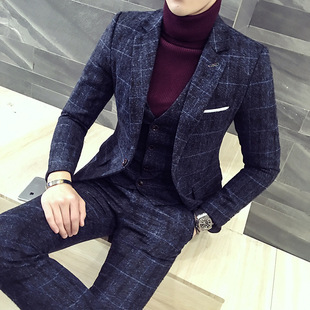 Foreign Trade Casual Men's Micro-Elastic Three-Piece Suit Youth Korean Style Slim Suit New Thickened Men's Banquet Suit