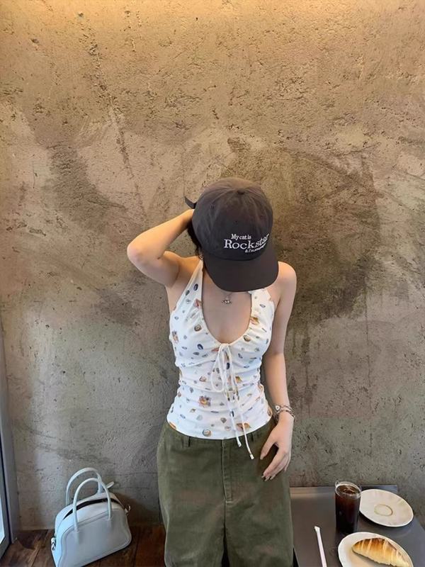 辣妹贝壳印花绑带设计感背心吊带女外穿夏季独特绝美无袖挂脖上衣|undefined