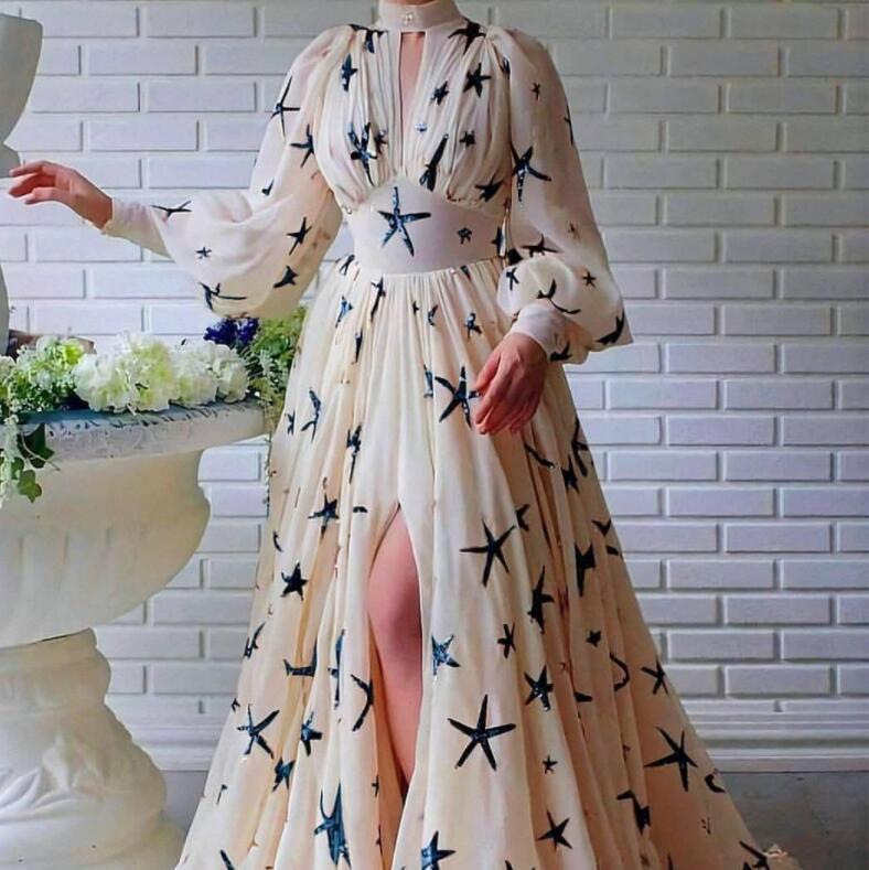 Robe transfrontalière Amazon en mousseline de soie, col mi-haut, manches lanternes fendues, pleine longueur, nouvelle collection 2026