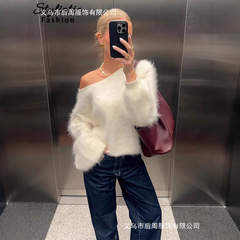 欧美风Homair宽松毛衣针织衫女士休闲单肩斜领长袖套头衫2025秋季