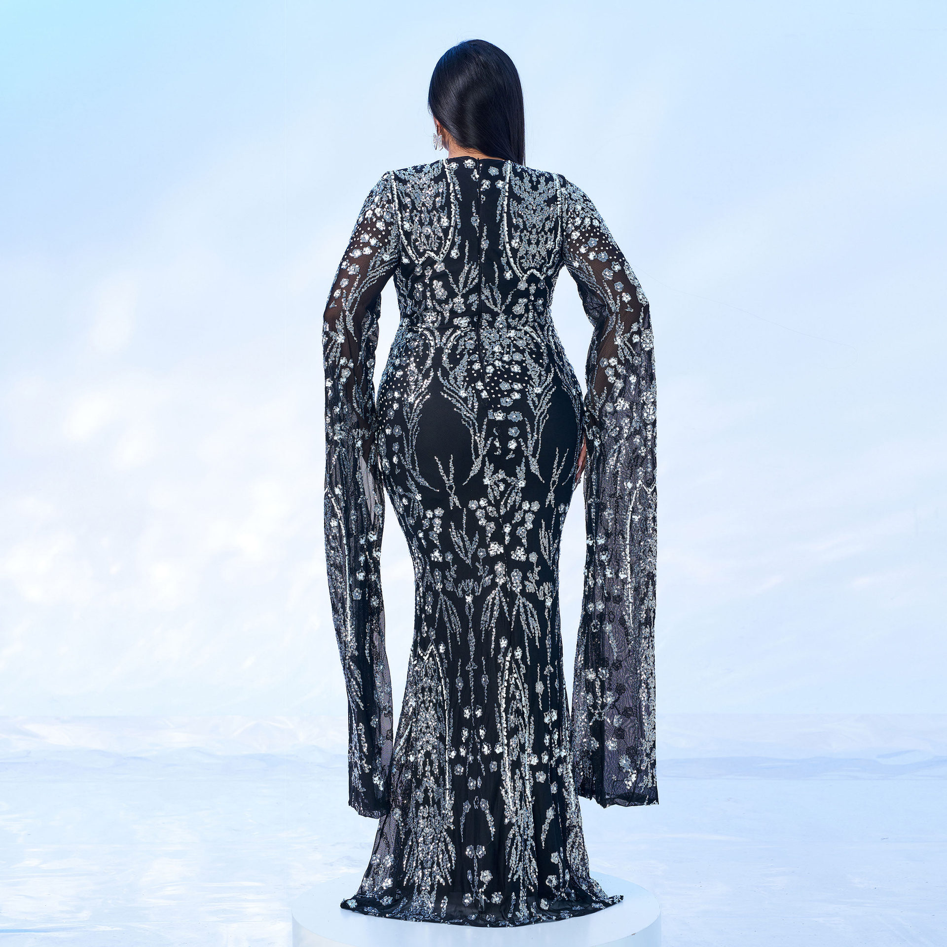 Women's Clothing ultra long sleeve temperament round neck sexy slim long sequined banquet evening dress bridesmaid dress_voghion.com