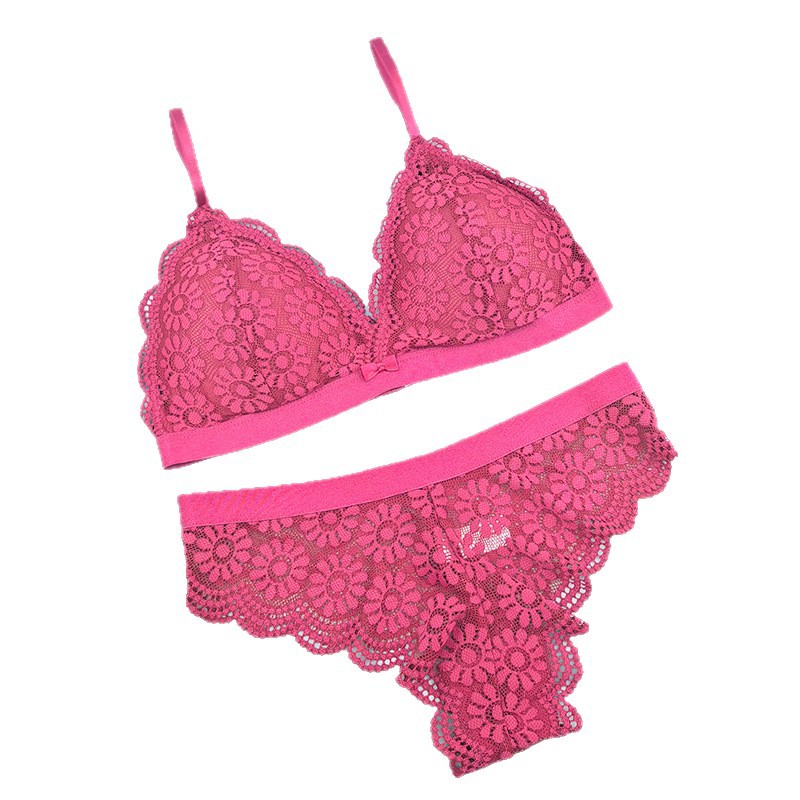 Europa y América encaje sexy copa triangular francesa cinturón hermosa ropa interior de espalda simple ligera sin anillo de acero conjunto de sujetador de pecho