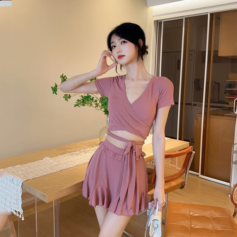 Verano puro viento rosa traje de baño dividido mujeres autocultivo ligeramente gordo cubrir carne vacaciones junto al mar traje de baño transpirable mujeres al por mayor