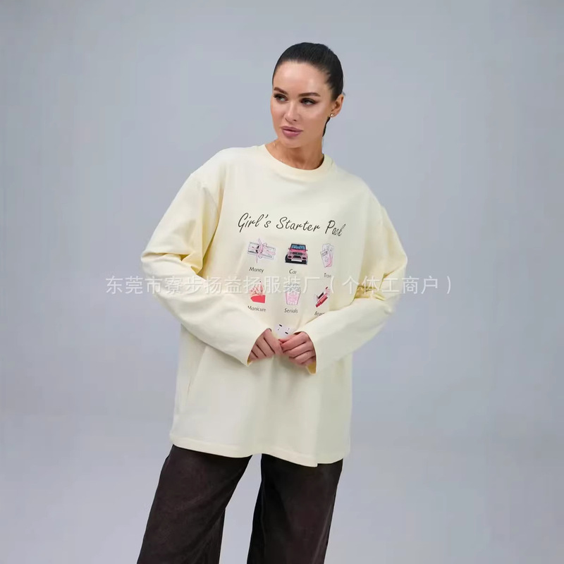 100% Pure Cotton Long-Sleeved T-Shirt, Versatile for Autumn, Cute Cartoon Design, Age-Reducing, Comfortable, Oversized Loose Top