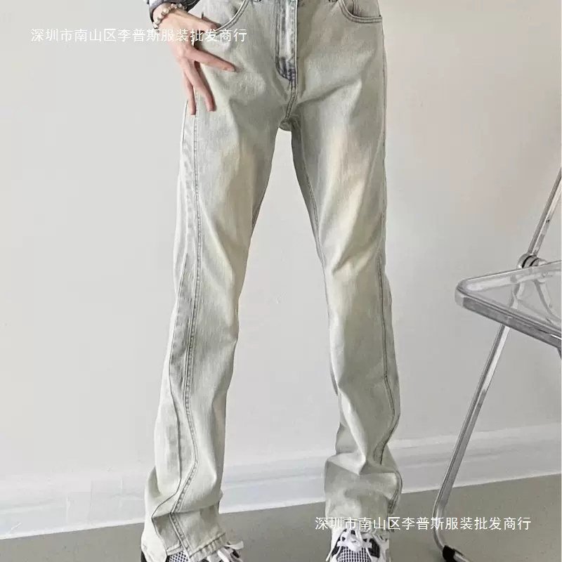美式高街水洗黄泥染牛仔裤男女ins潮牌修身直筒裤微喇叭显瘦其他