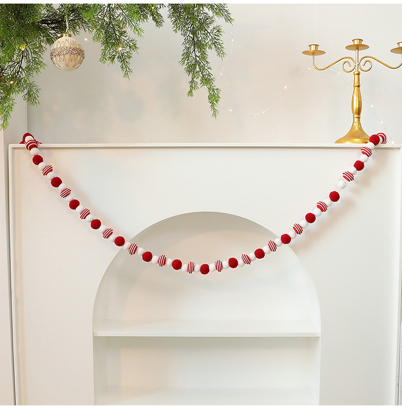 Handgefertigte Filzkugelgirlande – Rot-weiße Pompon-Girlande für Weihnachtsbaum, Kamin und Fensterdekoration (DIY-Weihnachtsdekoration, 3 Meter)_voghion.com