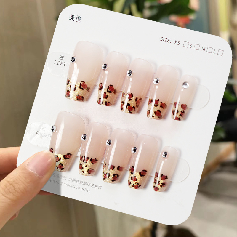 X492假指甲可拆卸穿戴甲法式豹纹秋冬美拉德碎钻猫眼手工封层光疗|undefined