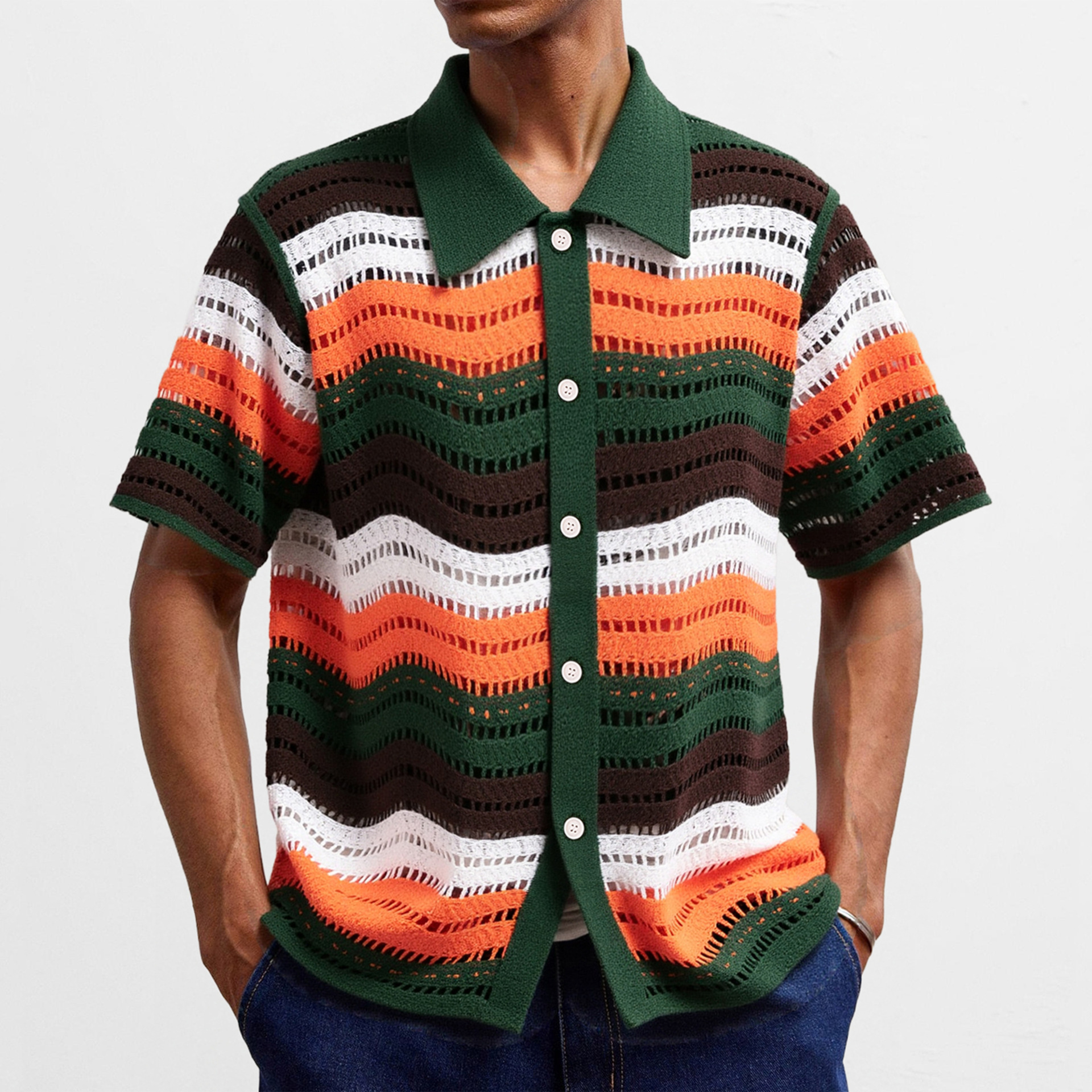 Retro Vacation Style Colorful Striped Hollow-Out Knit Cardigan with Turn-Down Collar, Short-Sleeve Crochet Polo Shirt, Trendy Men's Fashion Sy0160