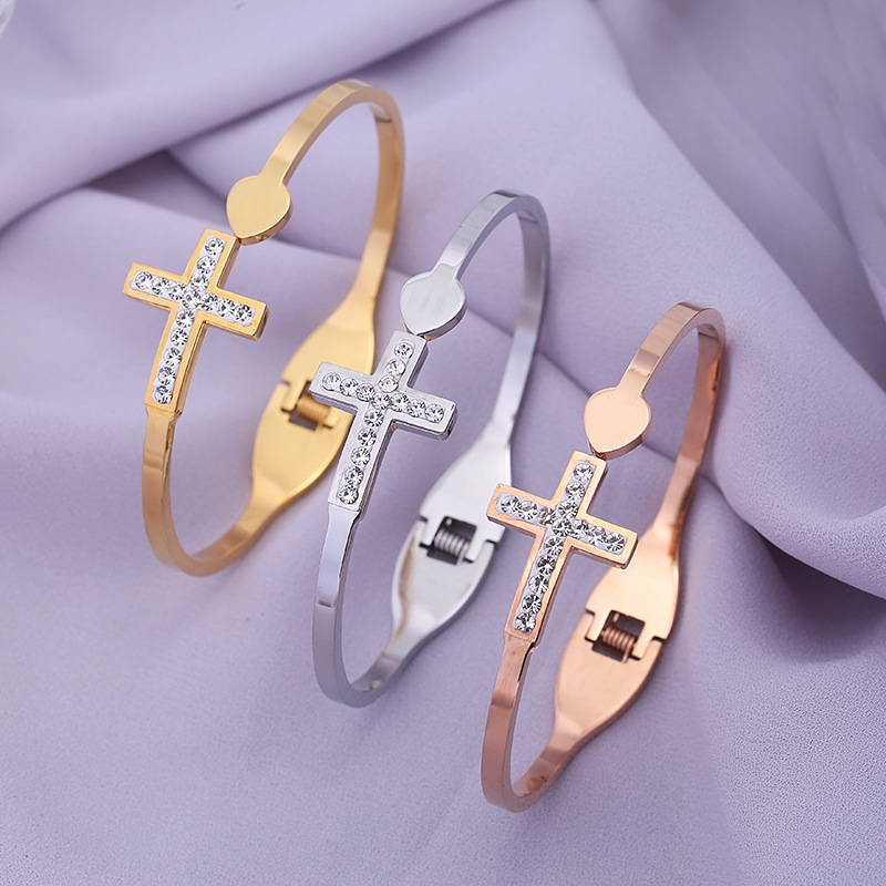 15g Weight Artificial Gemstones Inlay Material Bangle Classification Wholesale Lady Cross Stainless Steel Artificial Gemstones Bangle
