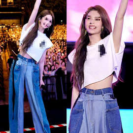 杨丞琳同款复古撞色拼接牛仔裤女2025夏季休闲薄款收腰显瘦阔腿裤