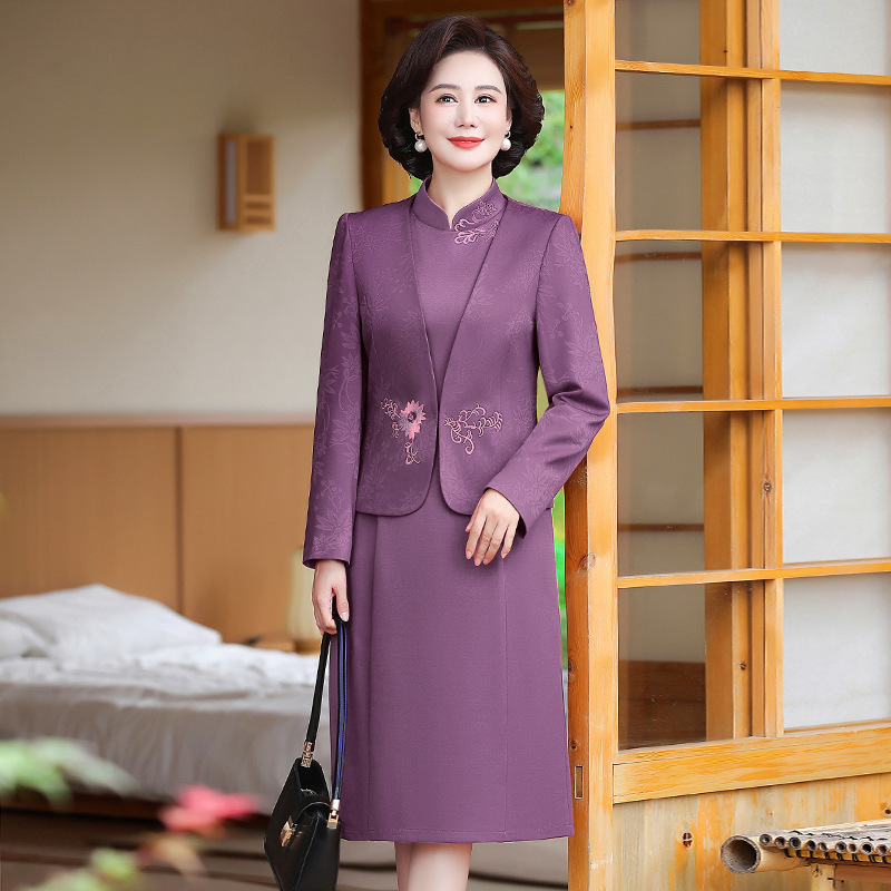 妈妈装春秋新款连衣裙喜婆婆婚宴礼服高贵婚礼礼服刺绣裙子两件套|undefined
