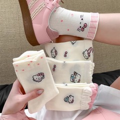 * かわいい猫 * 春夏純綿かわいい漫画靴下子供蝶結び泡レース中筒靴下