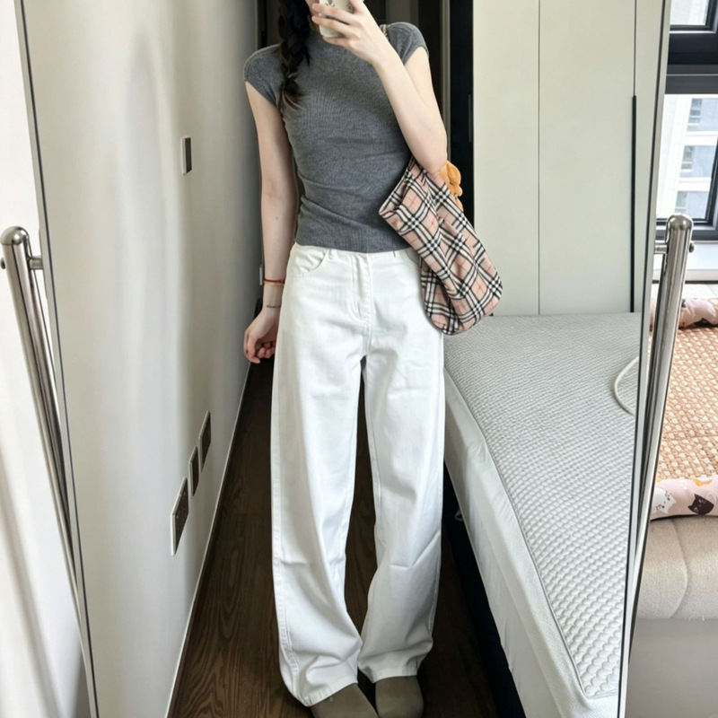 Straight White Jeans, Wide-Leg Loose Fit, High-Waisted Slimming Jeans for Women, Straight-Leg Pants for Women, Slimming White Pants for Women