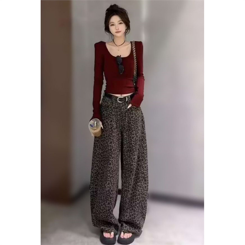 美式辣妹风套装女2025秋季新款修身显瘦上衣高腰豹纹阔腿裤两件套