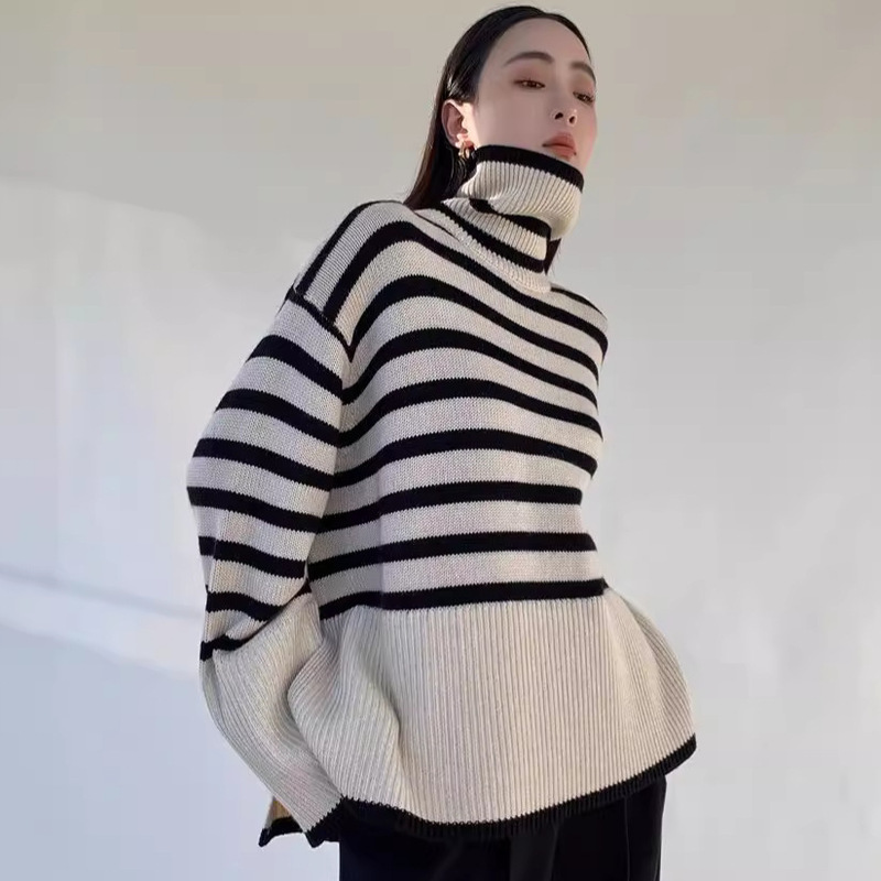 Customized High-Neck White Striped Sweater Knit Top Loose Pullover Long-Sleeve Spring and Autumn Warm Inner Layer Commuter Style Customized High-Neck White Striped Sweater Knit Top Loose Pullover Long-Sleeve Spring and Autumn Warm Inner Layer Commuter Style