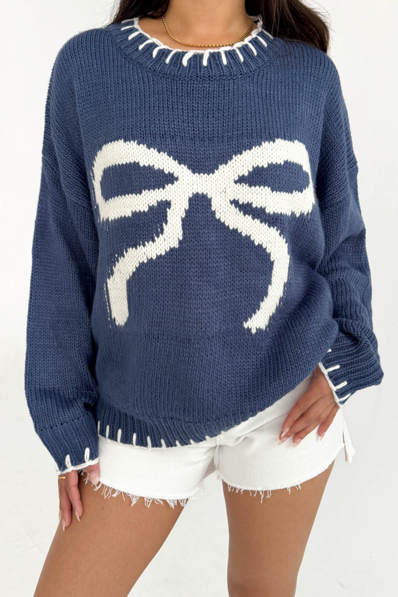 Vêtements pour femmes Pull jacquard à nœud pour femme Automne et hiver Style paresseux Pull ample chaud et confortable_voghion.com