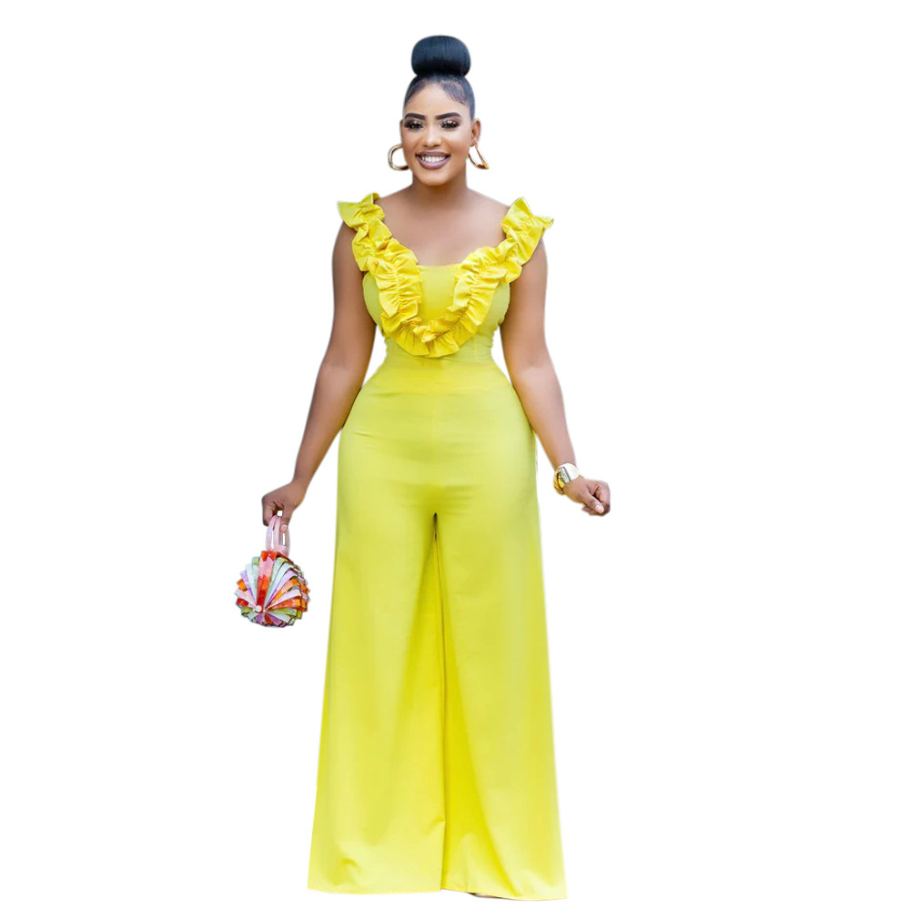 Elegant Women's One Shoulder Ruffled Slim Fit Jumpsuit Solid Colour_voghion.com