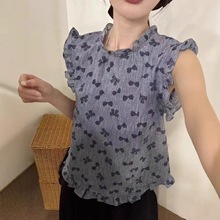 2025夏季新款韩版甜美蝴蝶结印花无袖背心衬衫女木耳边小衫上衣潮