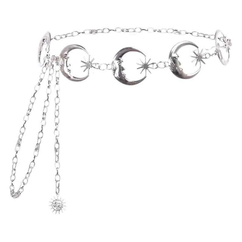 Cadena de cintura de metal de la estrella de la luna transfronteriza europea y americana Pantalones de moda para mujer Decoración de cadena estilo hip hop Falda de todo fósforo Cadena de cintura