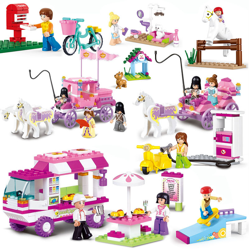 小鲁班0155拼装积木女孩生日礼物粉色餐车儿童益智力拼插塑料积木