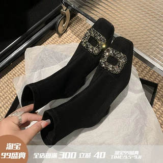 方头法式复黑色短靴粗中跟水钻弹力瘦瘦靴长靴女秋冬