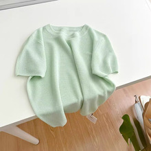 薄荷绿色正肩冰丝针织短袖t恤女夏季体恤设计感小众温柔短款上衣