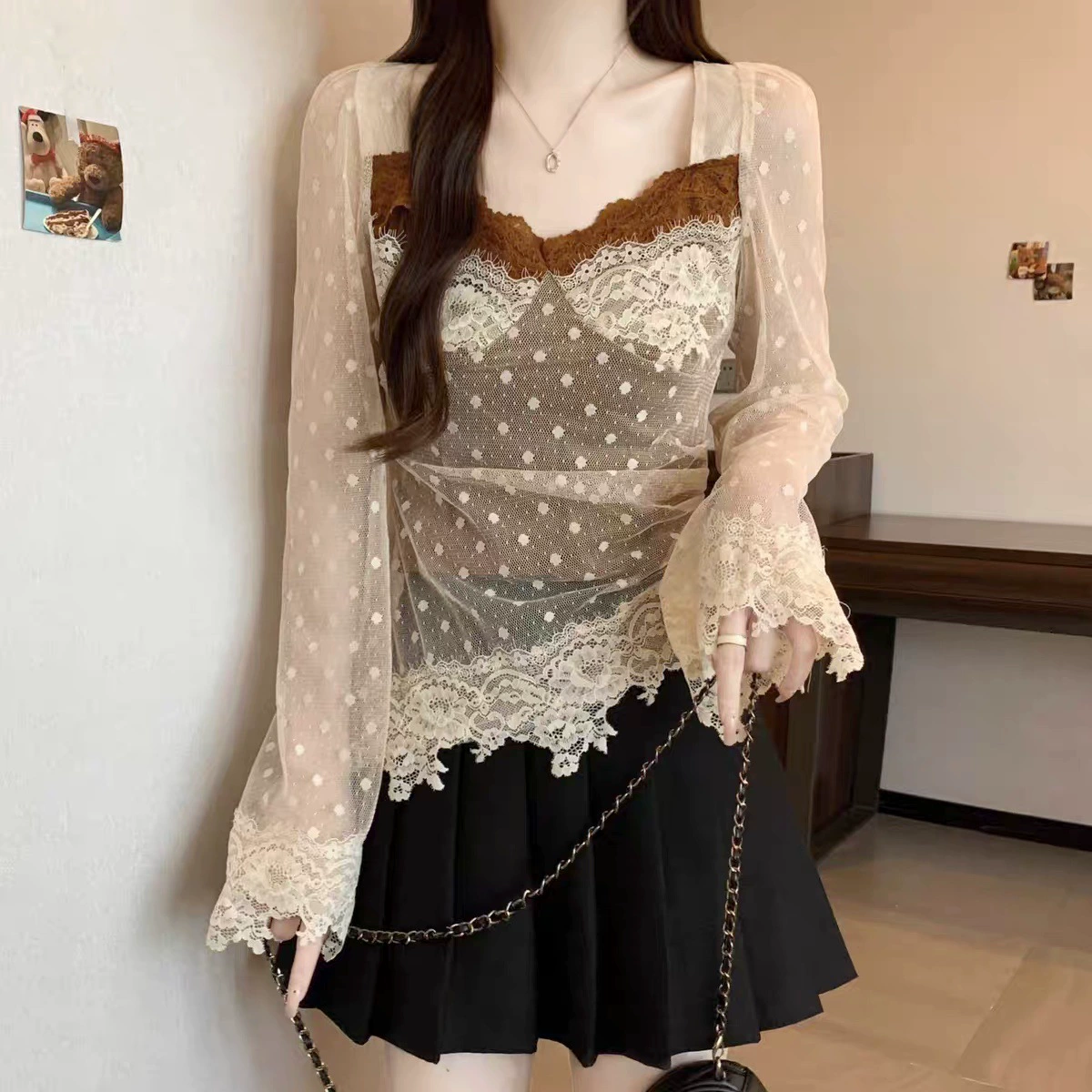 Кофта с длинным рукавом из кружева, осенний дизайн, one size, полупрозрачная в горох с кружевом