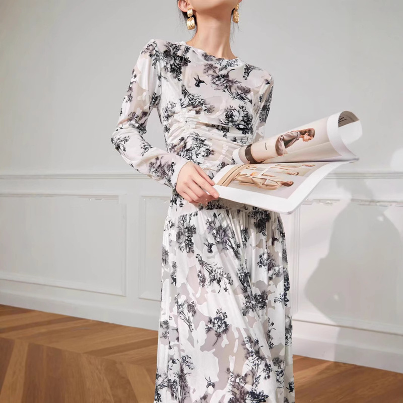 Autumn Women's Long-Sleeved Skirt Yujie Formal Occasion Long Skirt Hepburn Style Holiday Floral Skirt Dress Women's Clothing
