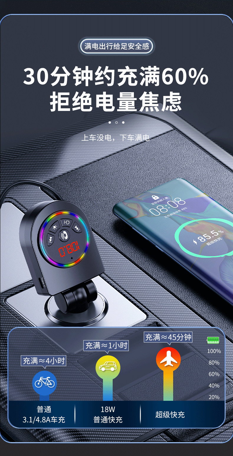 Y13 Car Fast Charger with Retractable Cable, Colorful Ambient Light, Bluetooth MP3 Player, Foreign Trade Automotive Supplies