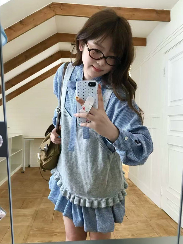 韩系蝴蝶结系带衬衫连衣裙子女2025新款巨好看早秋一整套装花苞裙|undefined