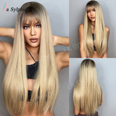 European and American Wigs for Women: Air Bangs, Brown to Golden Ombre Long Straight Hair—Amazon Dropshipping Option