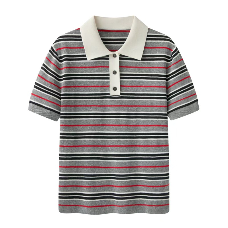 In Stock 2026 Summer New Style Elegant Casual Lightweight Striped Polo Collar Short-Sleeved Knitwear for Women Mbf3Swt025