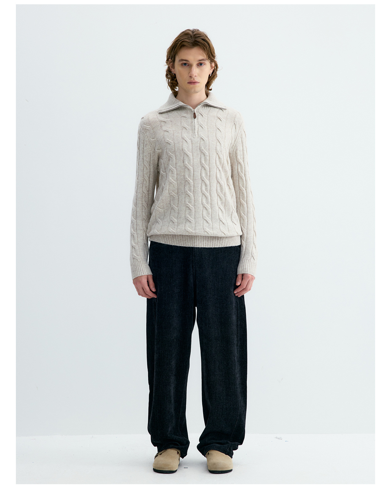 UNF 530g Cable-Knit Half-Zip Polo Sweater
