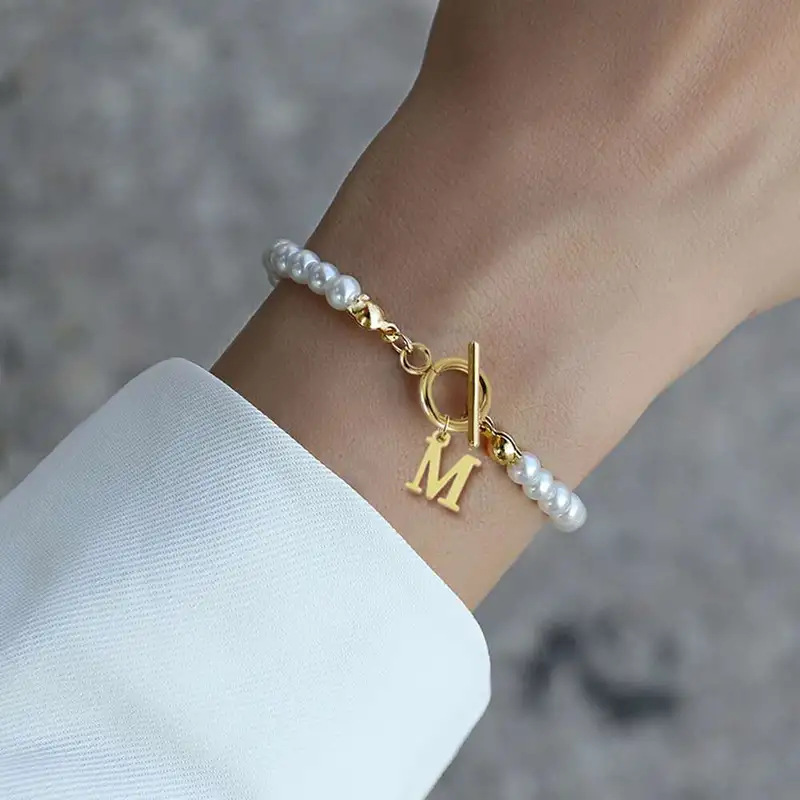 Cross-Border Stainless Steel Initial Letter Bracelet A-Z English Initials Gold-Plated Ot Buckle Handmade Beaded Pearl Bracelet Cross-Border Stainless Steel Initial Letter Bracelet A-Z English Initials Gold-Plated Ot Buckle Handmade Beaded Pearl Bracelet