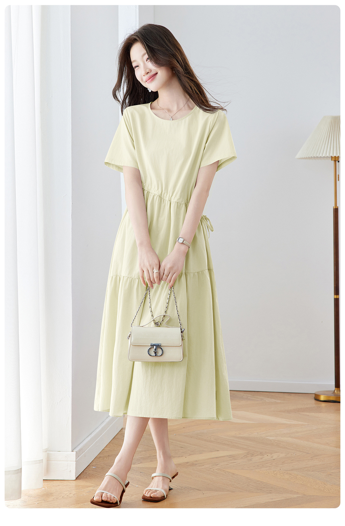 Đầm maxi nữ thắt eo dáng suông rút dây A-line tay ngắn JY2619 — màu tím nhạt, Vàng nhạt chi tiết 5