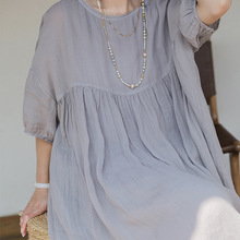 2025夏新品文艺棉麻灯笼袖100支肌理细皱苎麻都市休闲双层连衣裙