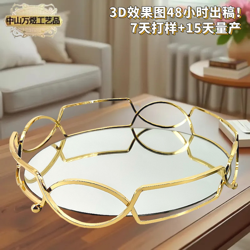 Hogar plato de fruta de hierro de estilo europeo cuadrado artesanía de hierro bandeja redonda decoración artesanal de vidrio bandeja de almacenamiento de café ins