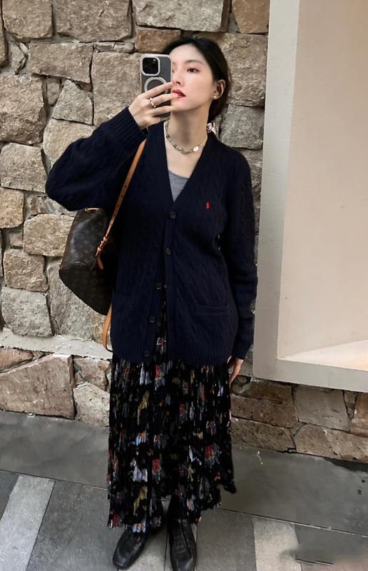 RL小马拉夫小麻花V领针织开衫百搭休闲时尚女外套长款两侧大口袋|undefined