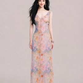 2026巨好看水墨画碎花吊带连衣裙夏日绝美仙女海边度假沙滩长裙子