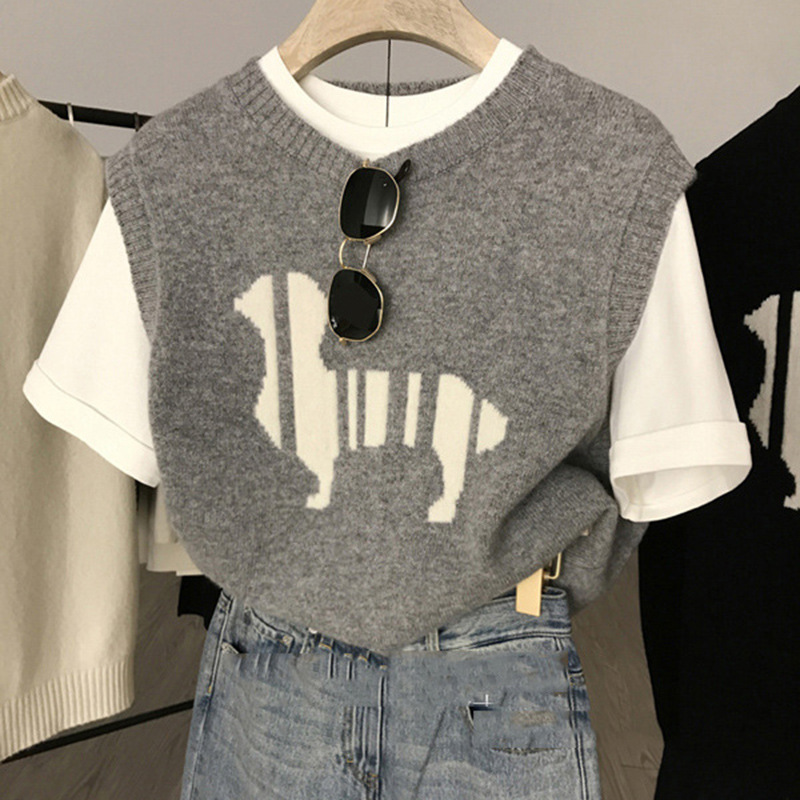Puppy Embroidered Vest 2025 Autum New Round Neck Loose Wool Knitted Vest Women's Sweater Outer Wear