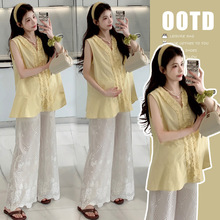 现货孕妇套装韩版时尚木耳边娃娃孕妇上衣+蕾丝孕妇阔腿裤两件套