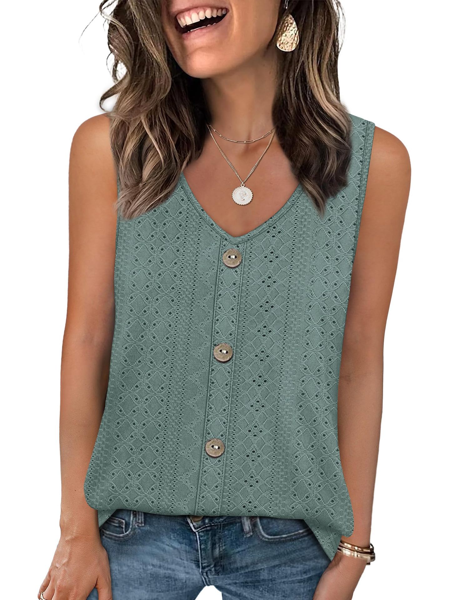 Women's Loose Casual Top V Neck Sleeveless Vest Eyelets American Summer New_ecoleips.com